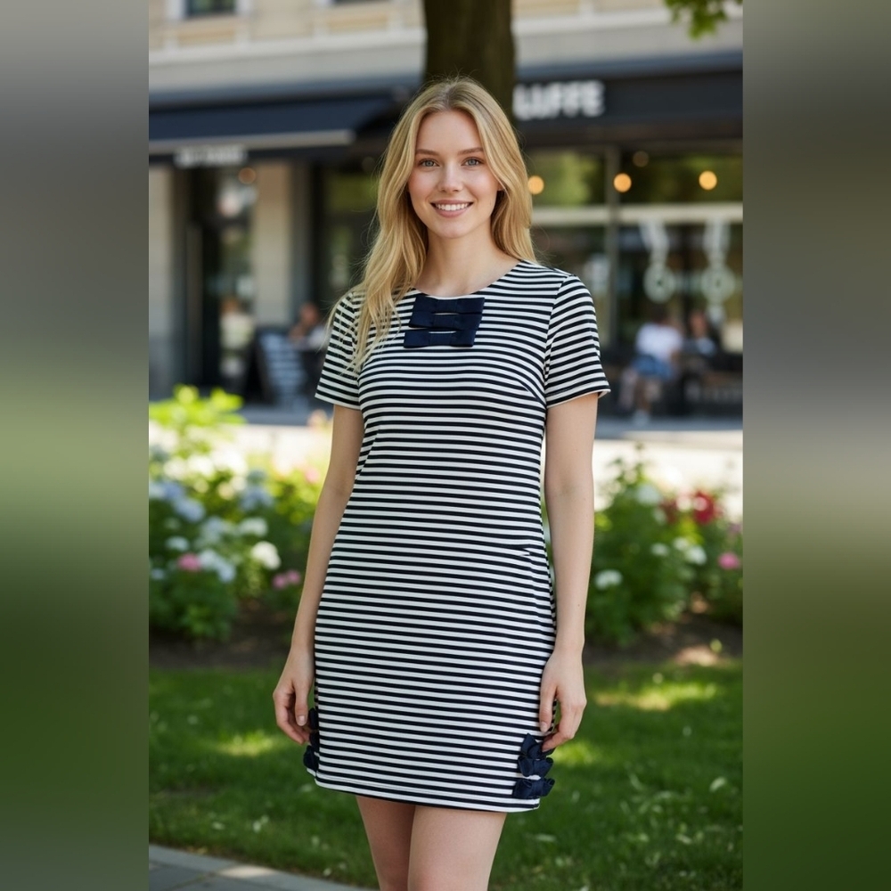 Sail to Sable nautical navy blue striped bow embellished dress sz medium
